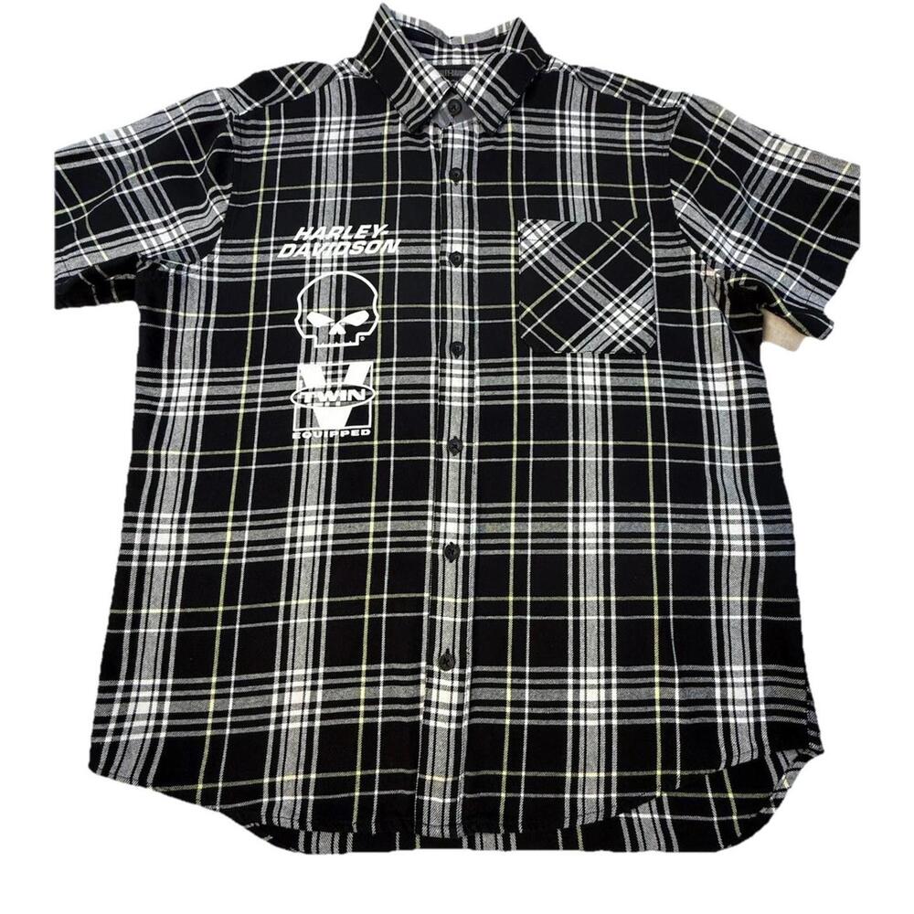 Harley-Davidson Men’s Button Down Short Sleeve Black/White Plaid Large